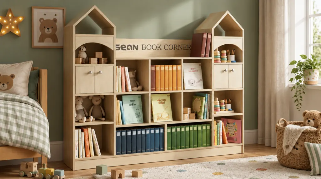 সবুজ দেয়ালের শিশুর ঘরে Sean Book Corner বুকশেলফ