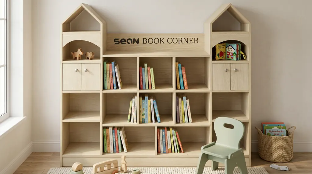 ছোট চেয়ারের পাশে Sean Book Corner বুকশেলফ
